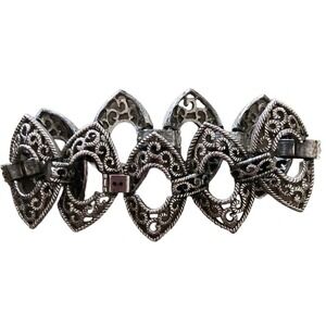 VINTAGE CROWN TRIFARI SILVER TONE METAL FILIGREE LINK BRACELET SIGNED